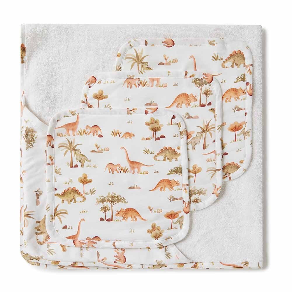 Dino Organic Baby Towel & Wash Cloth Set Snuggle Hunny