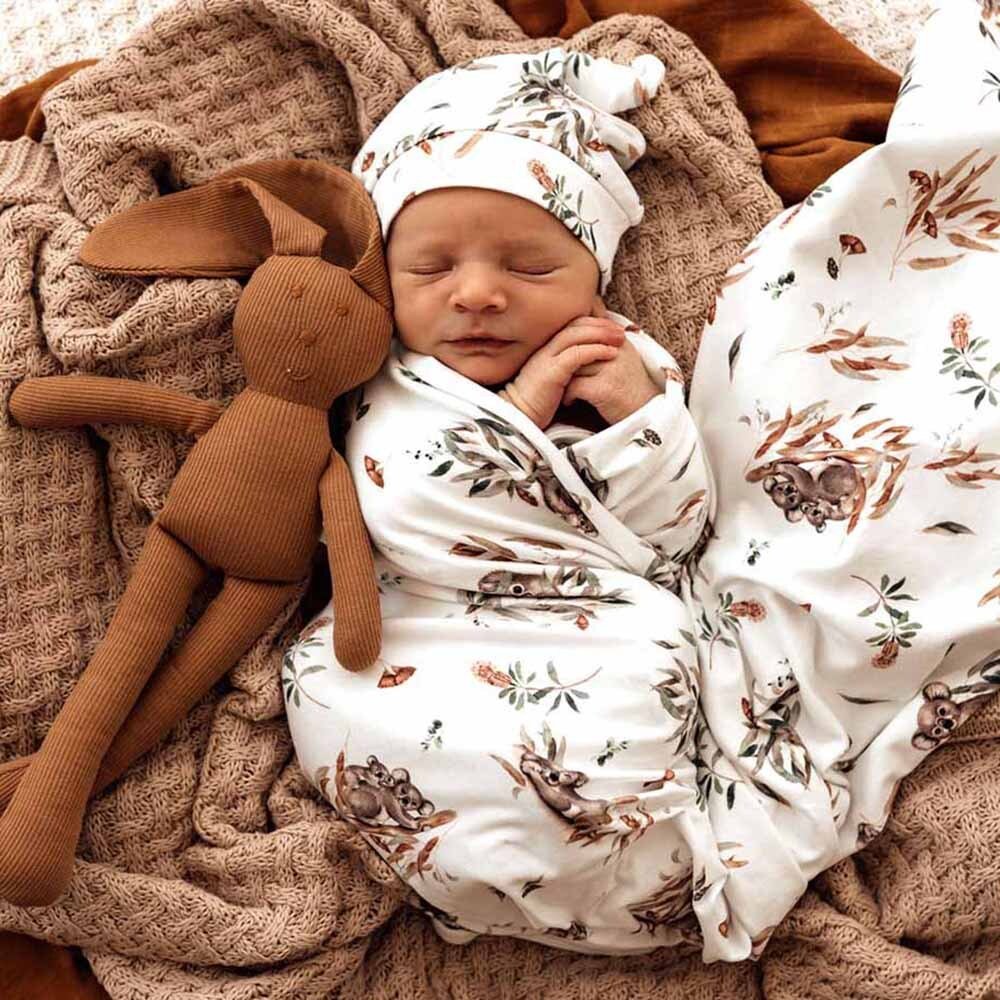 Koala Organic Baby Jersey Swaddle Wrap & Beanie Set Snuggle Hunny