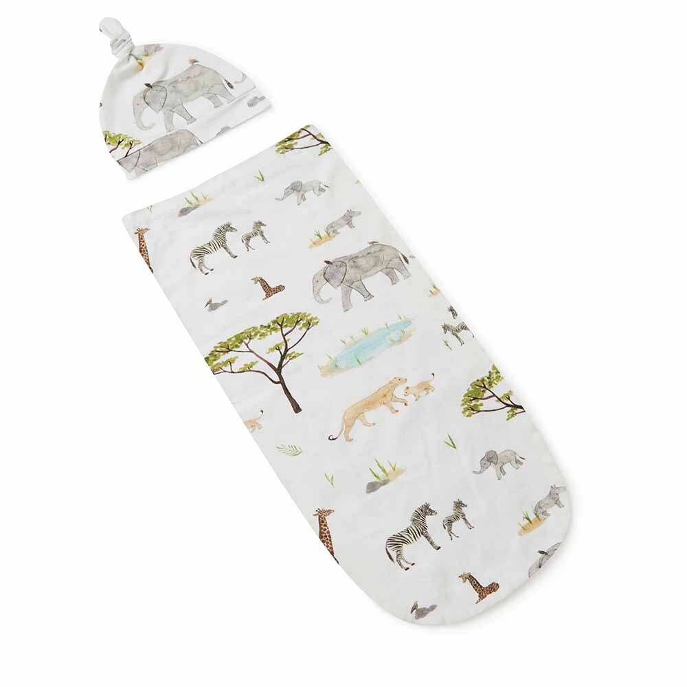 Safari Organic Baby Swaddle & Beanie Set For Boys and Girls Snuggle Hunny