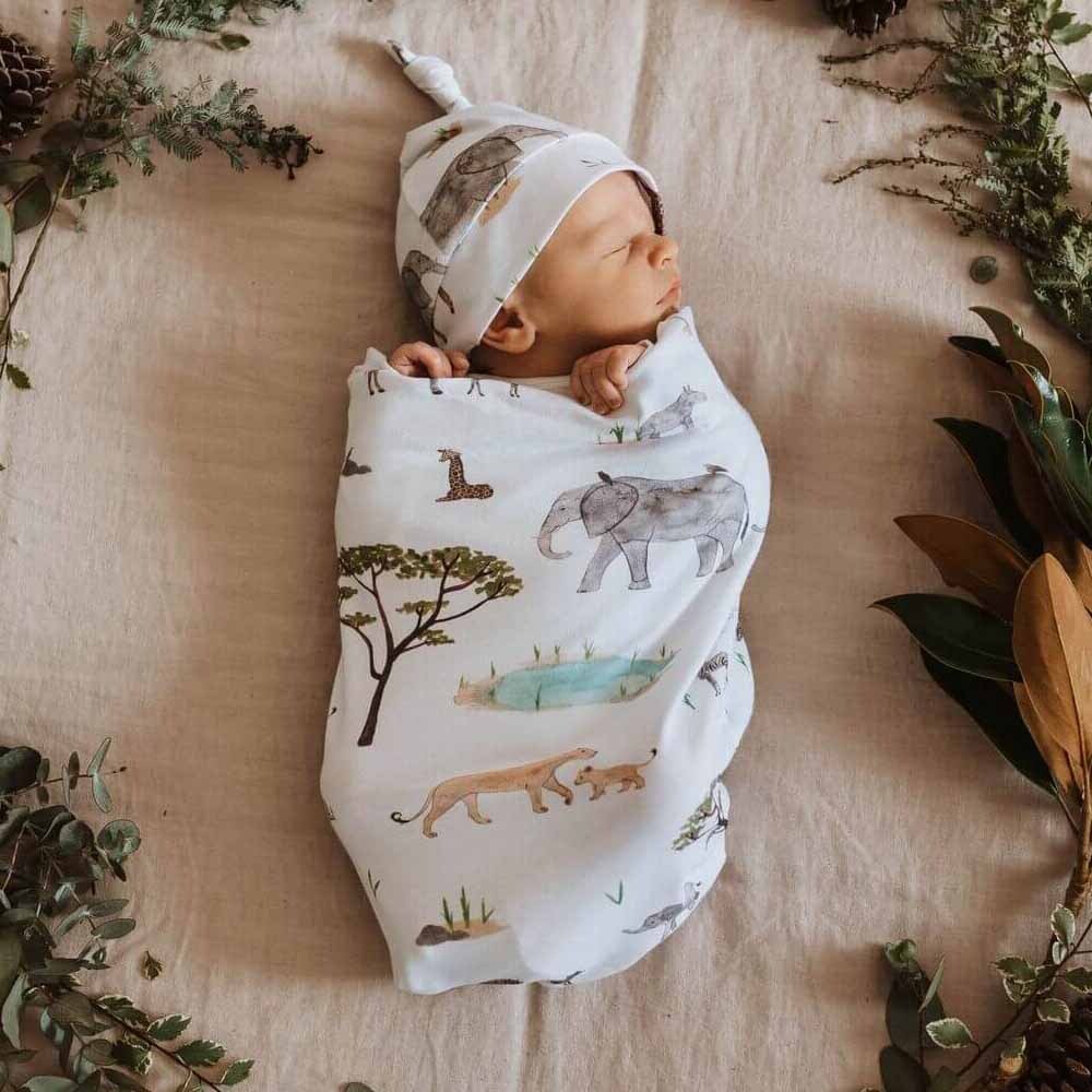 Safari Organic Baby Swaddle & Beanie Set For Boys and Girls Snuggle Hunny