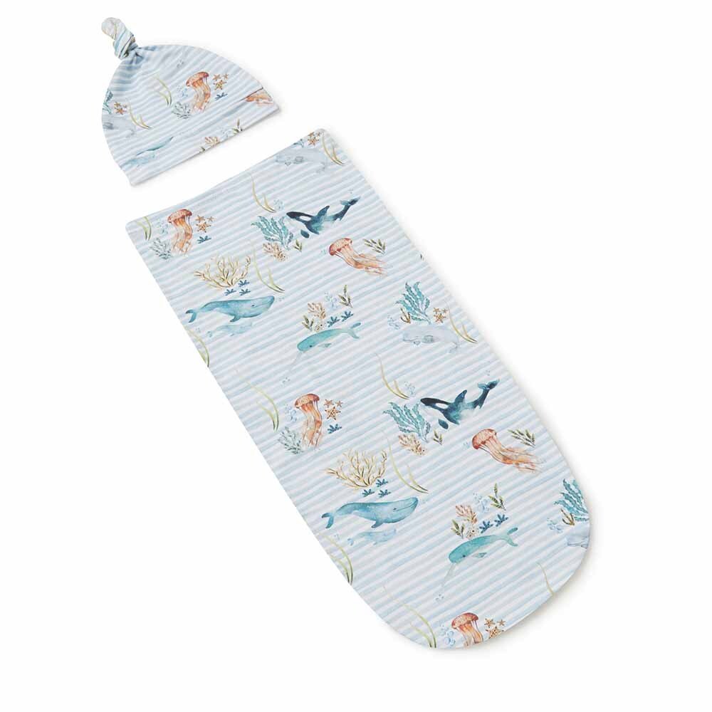 Whale Organic Baby Swaddle & Beanie Set For Boys and Girls Snuggle Hunny