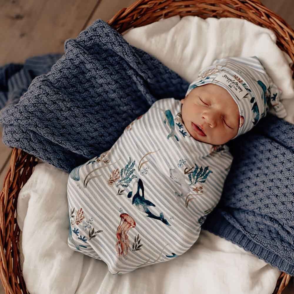 Whale Organic Baby Swaddle & Beanie Set For Boys and Girls Snuggle Hunny