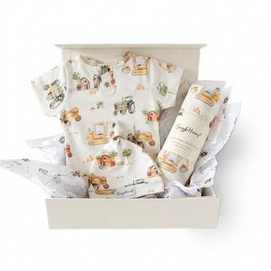 Baby gift set with patterned items in a box on a white background