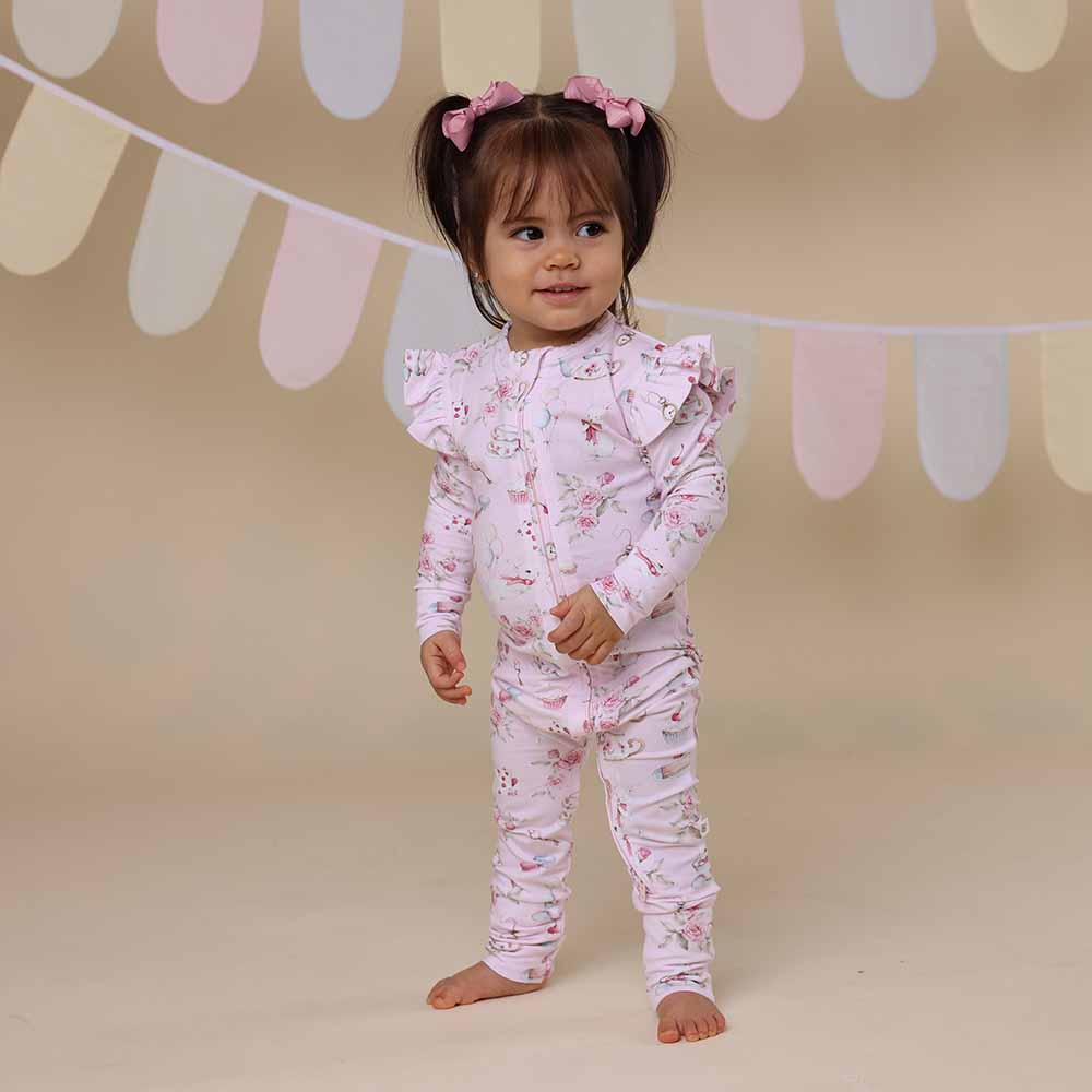 Alice’s Tea Party Organic Snugglesuit Convertible Romper with Frill - View 7