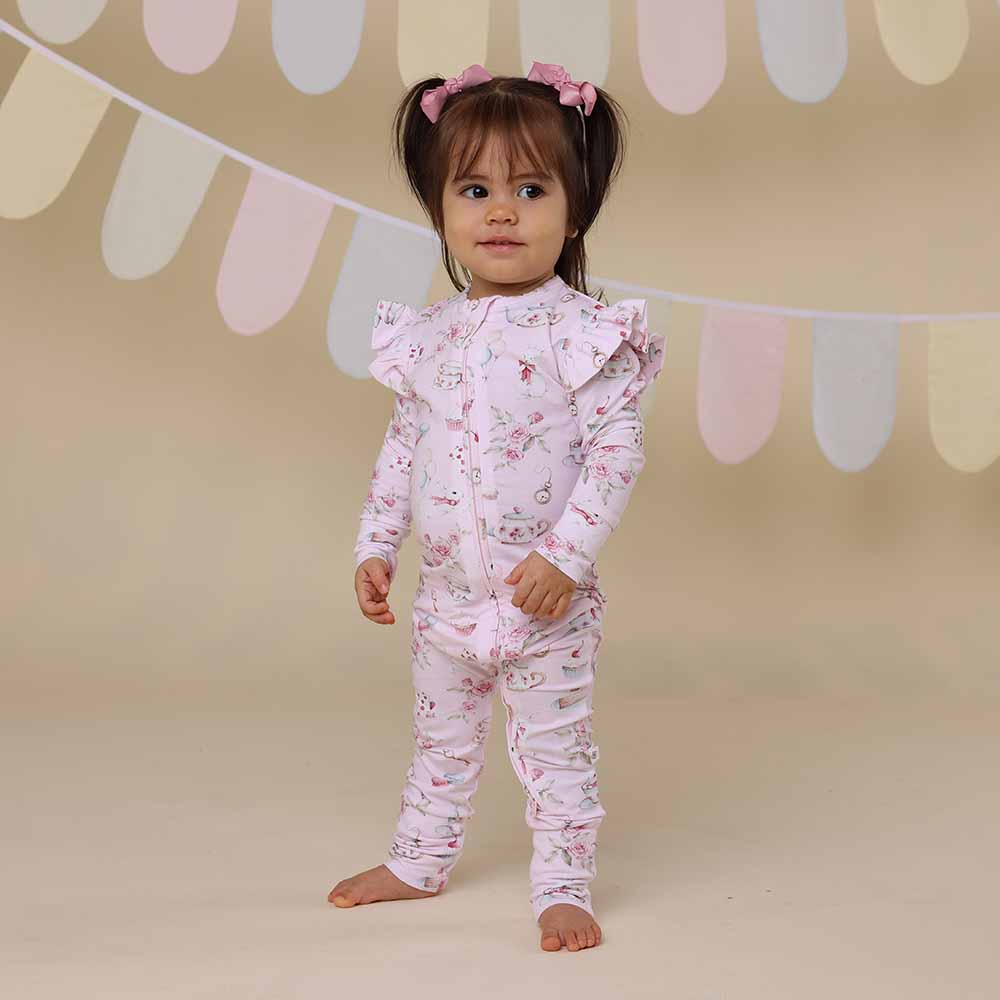 Alice’s Tea Party Organic Snugglesuit Convertible Romper with Frill - View 3