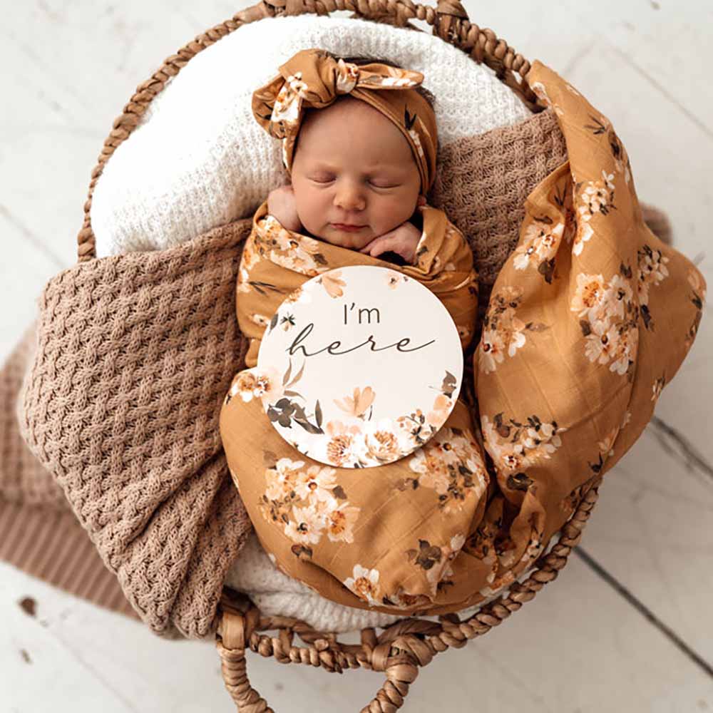 Golden Flower Muslin Wrap Birth Announcement Set-Snuggle Hunny