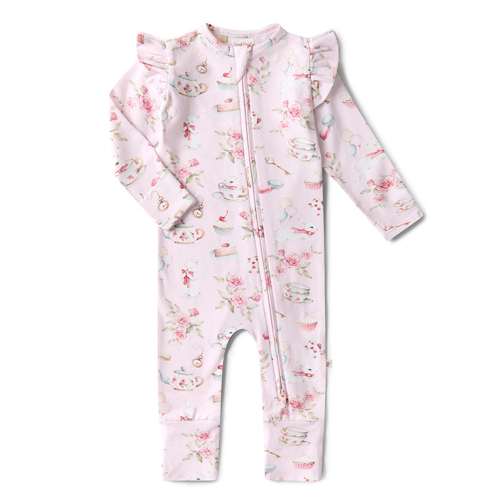 Alice’s Tea Party Organic Snugglesuit Convertible Romper with Frill - View 2