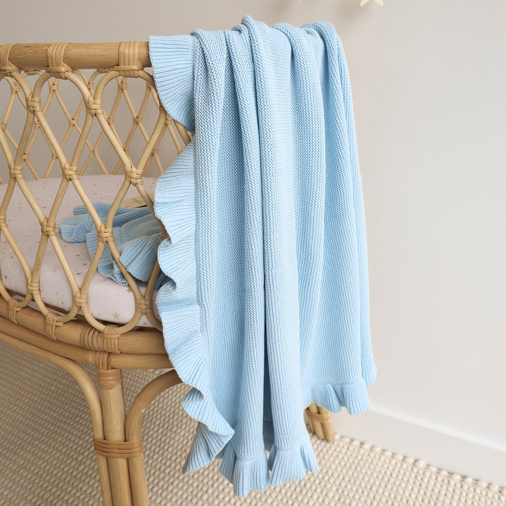 Baby Blue Ruffle Knit Organic Baby Blanket - View 1