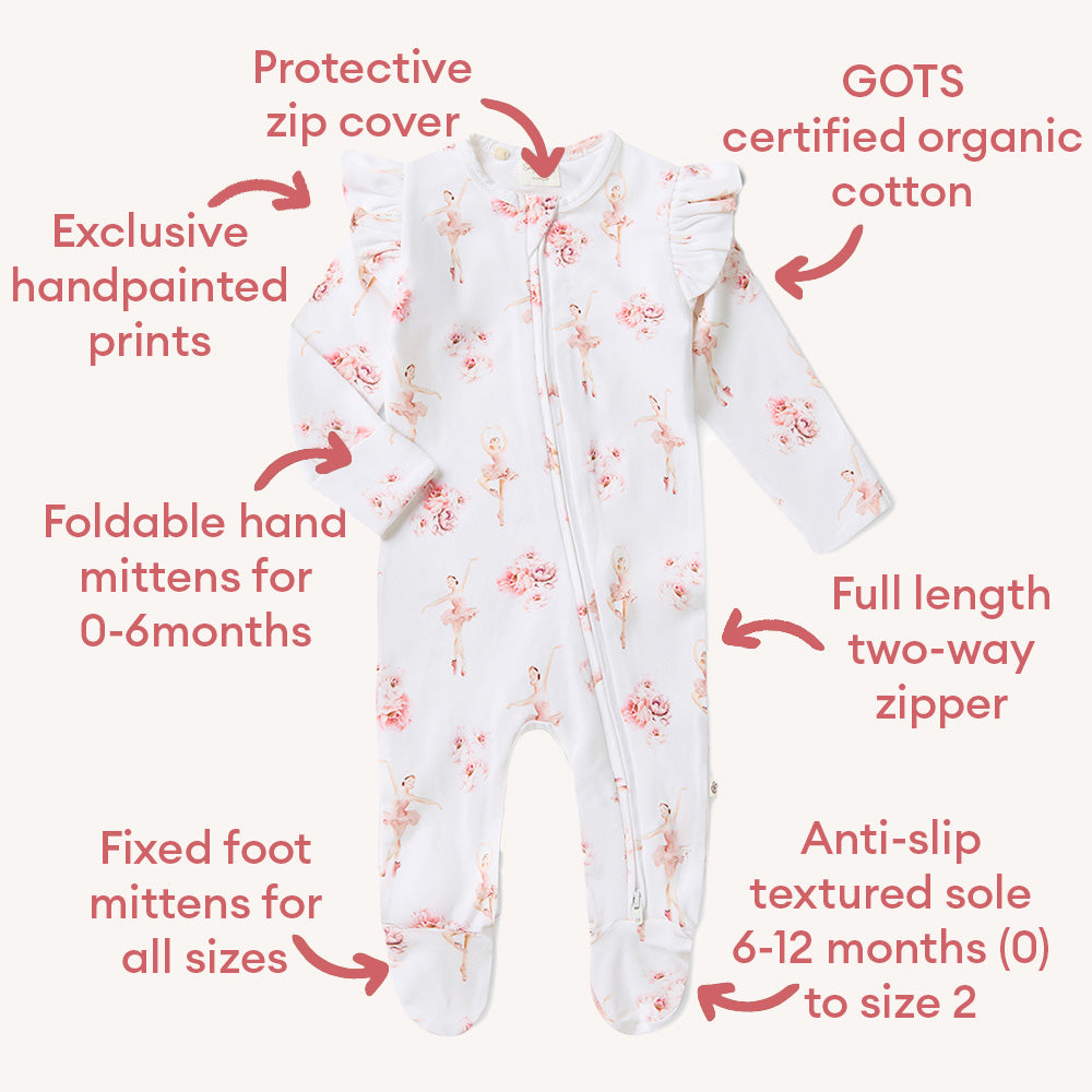 Ballerina Organic Snuggle Sleepsuit Zip Footie with Frill - View 4