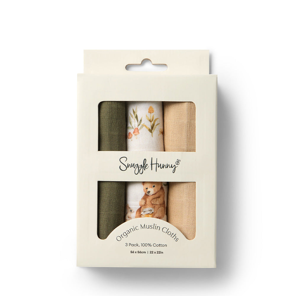Small Organic Muslin Cloths 3 Pack - Bears/Olive/Pebble - View 1