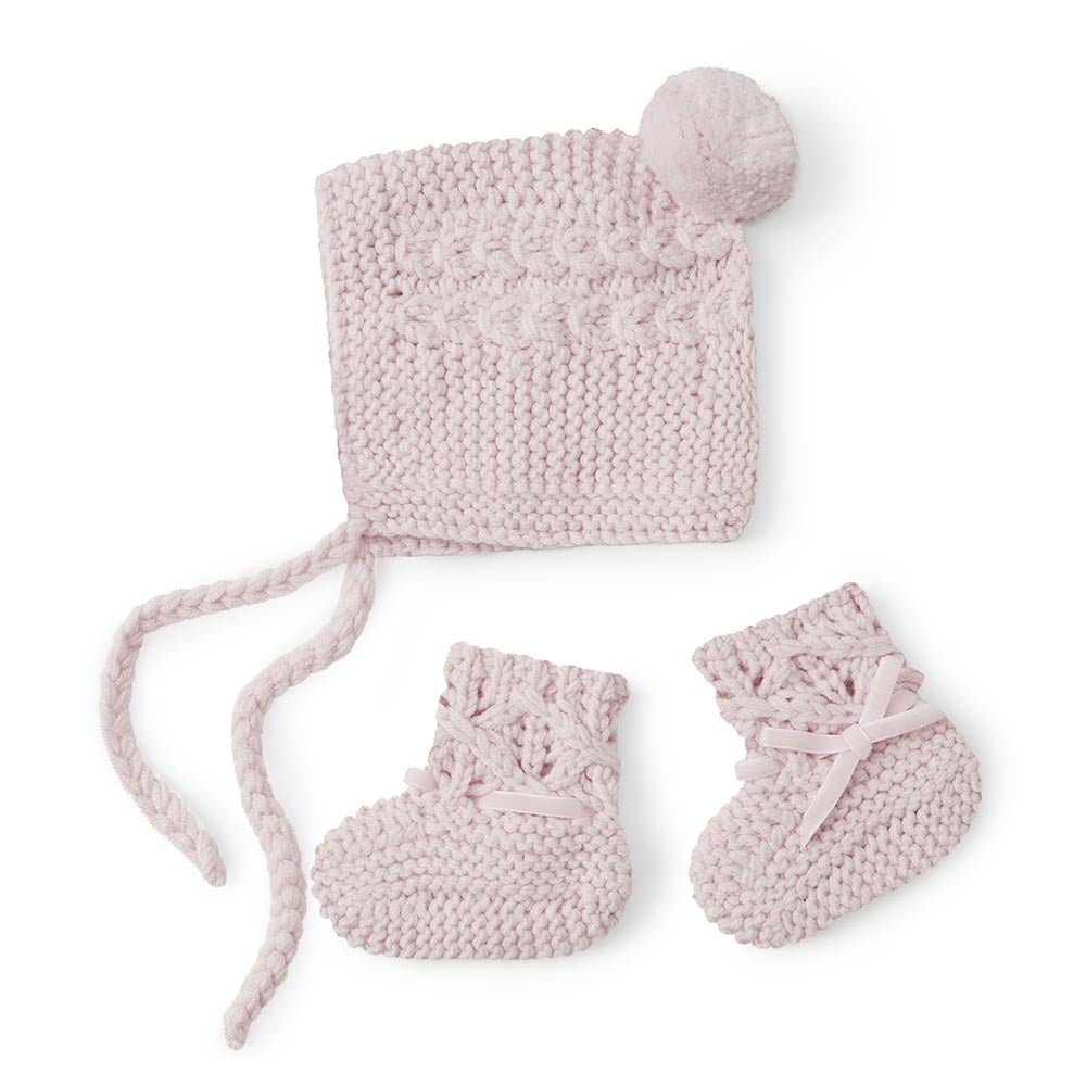 Bonnet & Booties - Pink Merino Wool Bonnet & Booties