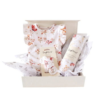 Snuggle Hunny Classic Butterfly gift hamper in a cream gift box with organic bodysuit, topknot and Butterfly print muslin wrap