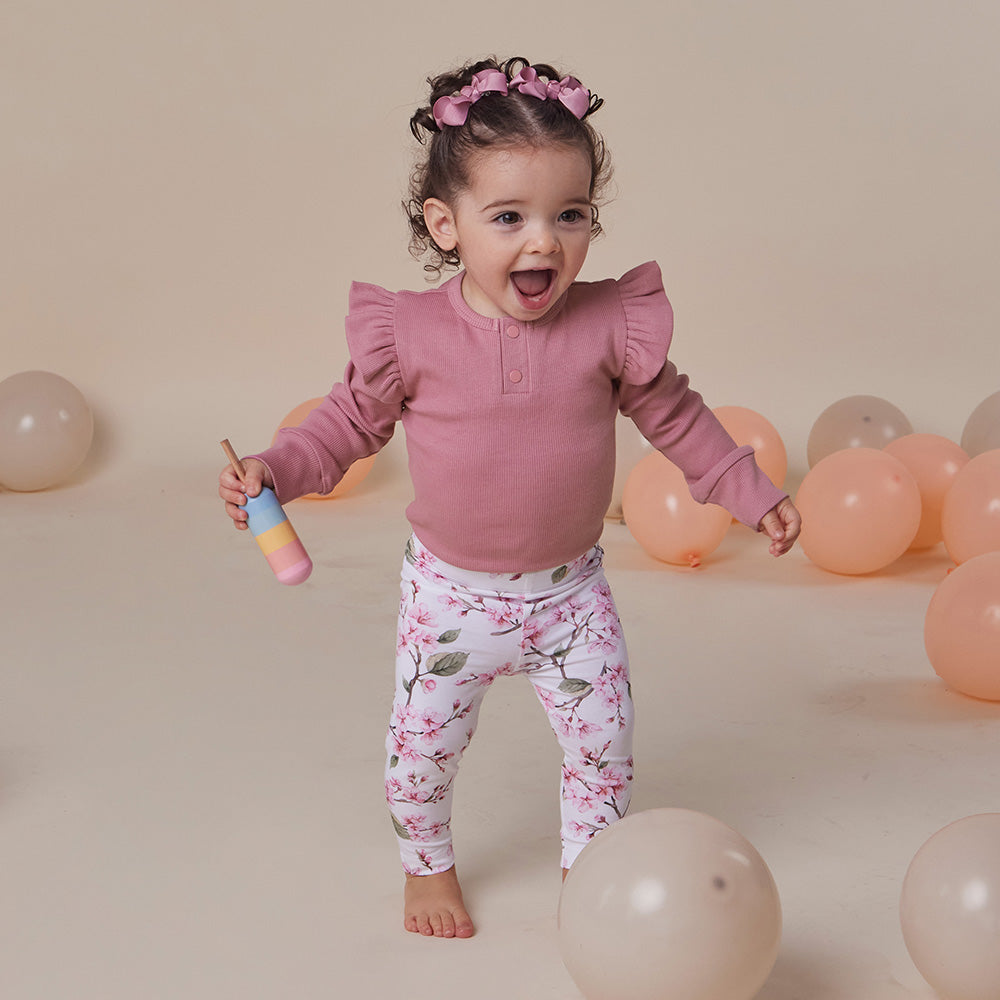 Jewel Pink Rib Long Sleeve Organic Bodysuit with Frill - View 9