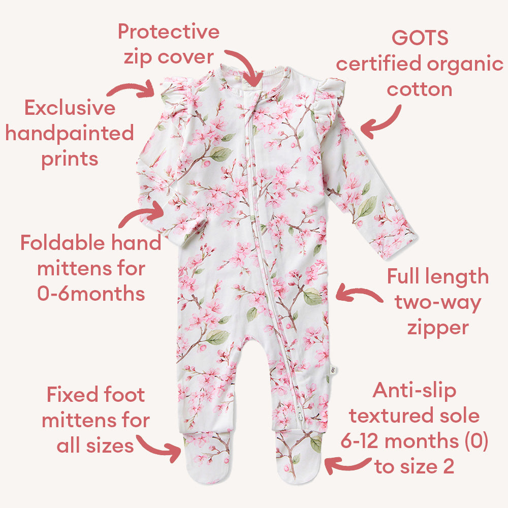 Cherry Blossom Organic Snuggle Sleepsuit Zip Footie with Frill - View 4