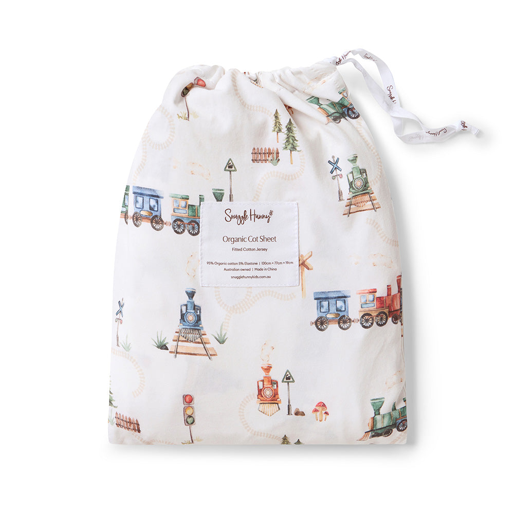 Trains Organic Fitted Cot Sheet Snuggle Hunny