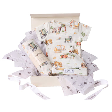 Snuggle Hunny Classic Diggers & Tractors gift hamper in a cream gift box with organic bodysuit, knotted beanie and print muslin wrap