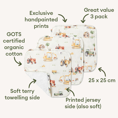 Baby Wash Cloths - Diggers & Tractors Organic Wash Cloths - 3 Pack