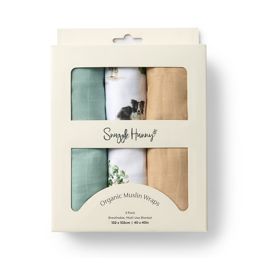 Large Organic Muslin Wraps 3 Pack - Dog Park/Sage/Pebble - View 1