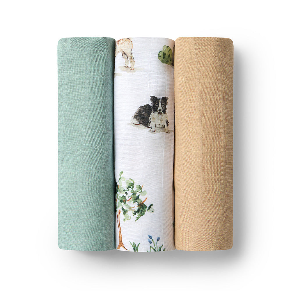 Large Organic Muslin Wraps 3 Pack - Dog Park/Sage/Pebble - View 2