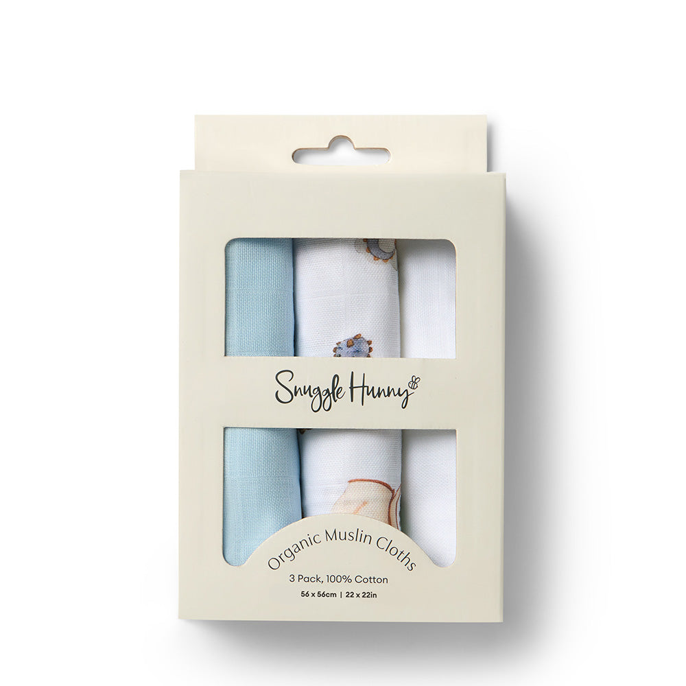 Small Organic Muslin Cloths 3 Pack - Dragon/Milk/Baby Blue - View 1