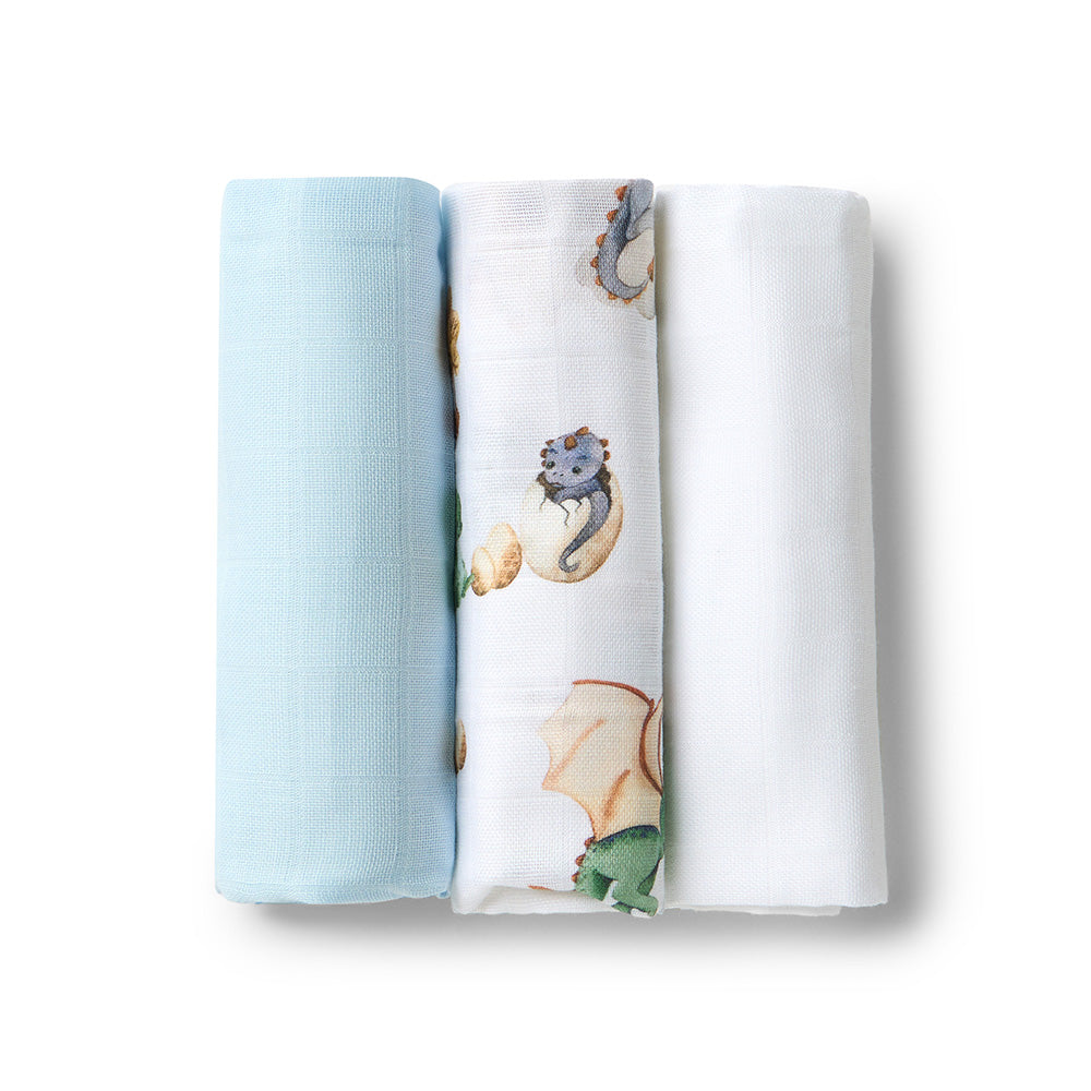 Small Organic Muslin Cloths 3 Pack - Dragon/Milk/Baby Blue - View 2