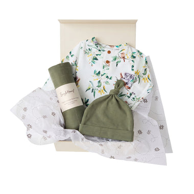 Snuggle Hunny Classic Eucalypt gift hamper in a cream gift box with organic growsuit, beanie and muslin wrap