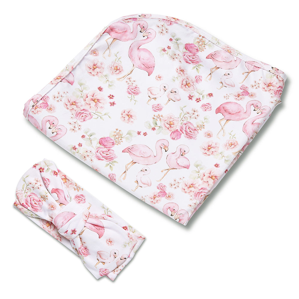 Flamingos Organic Jersey Wrap & Topknot Set - View 2