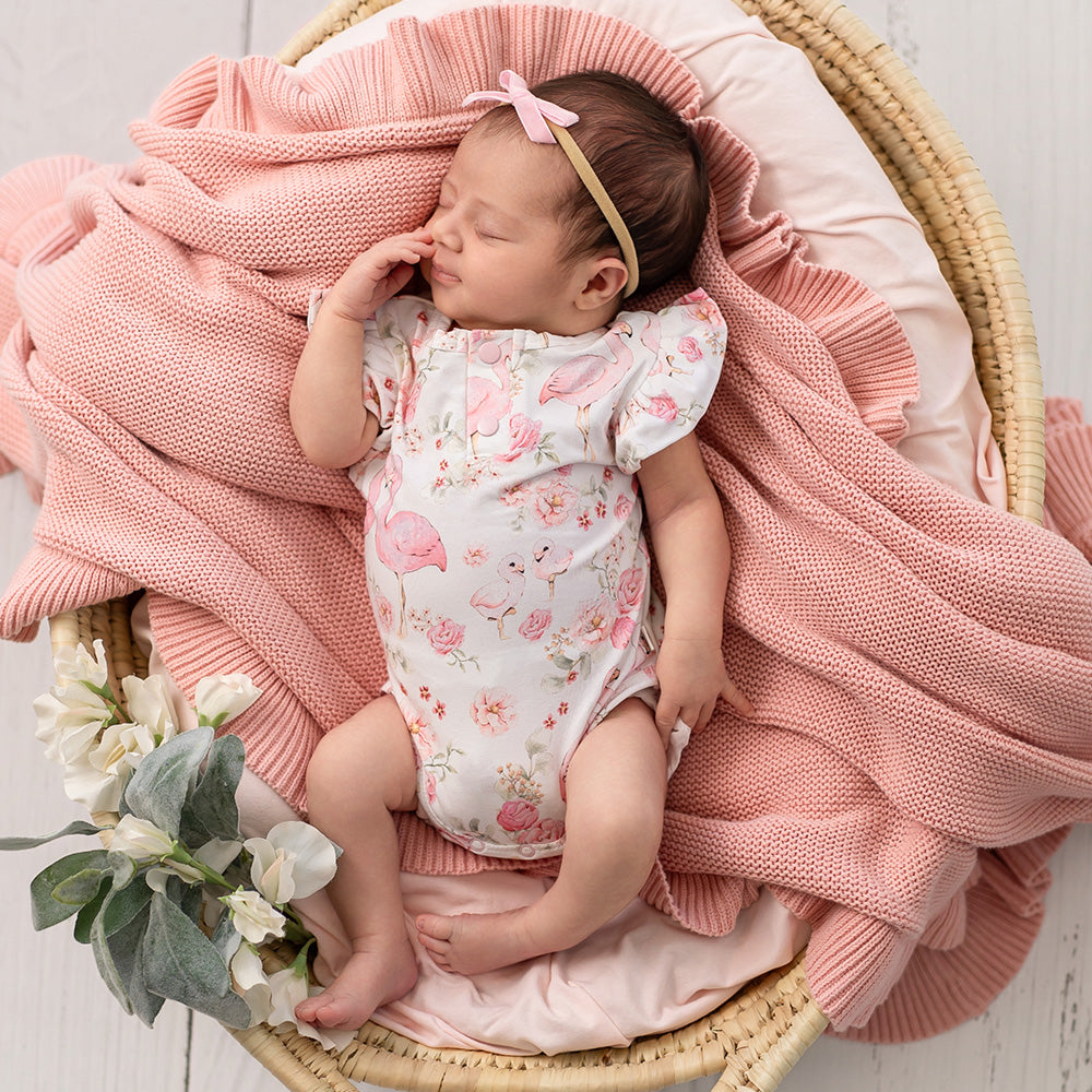 Flamingos Short Sleeve Organic Bodysuit with Frill - View 1
