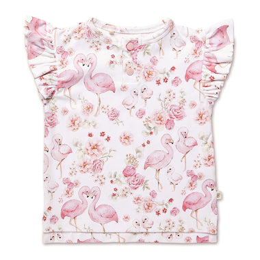 Flamingos Organic Short Sleeve Top with Frill | Snuggle Hunny