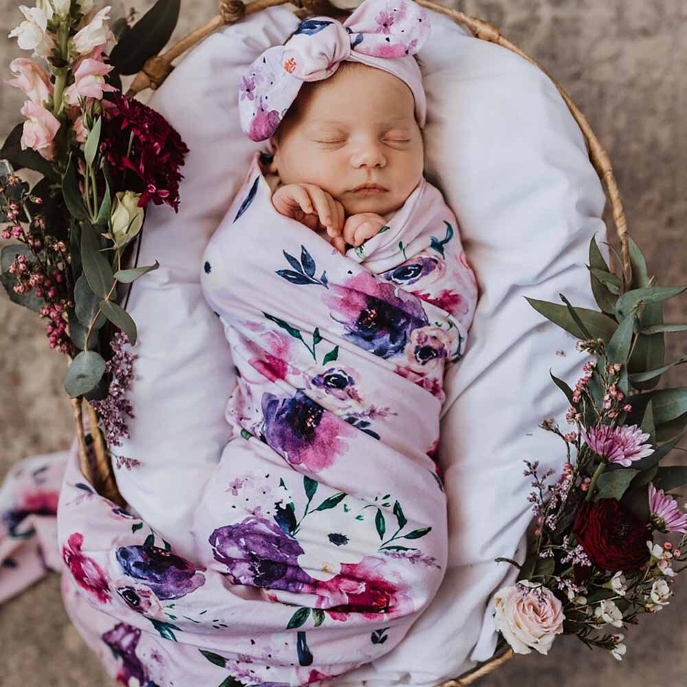 Floral Kiss Organic Baby Jersey Wrap & Topknot Set Snuggle Hunny