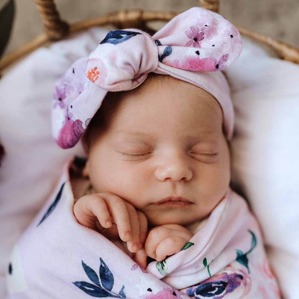 Floral Kiss Organic Baby Jersey Wrap & Topknot Set Snuggle Hunny