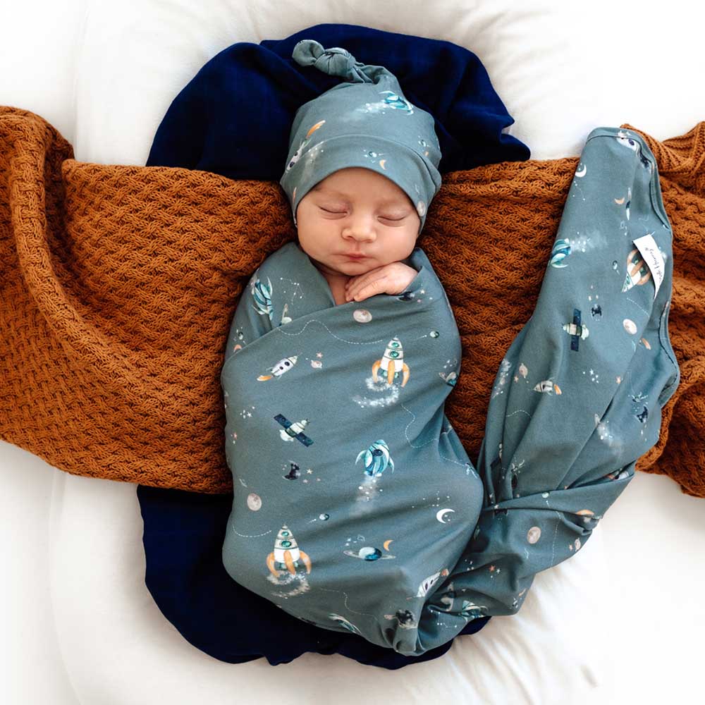 Rocket Organic Baby Jersey Swaddle Wrap & Beanie | Snuggle Hunny
