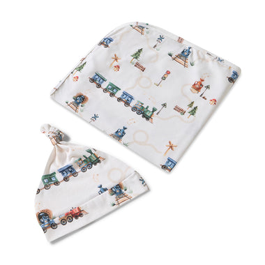 Trains Organic Jersey Wrap & Beanie Set | Snuggle Hunny
