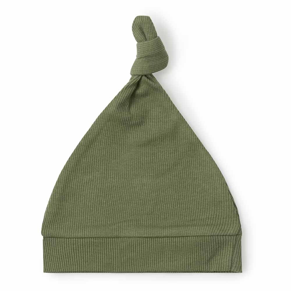 Olive Ribbed Organic Knotted Beanie - View 2