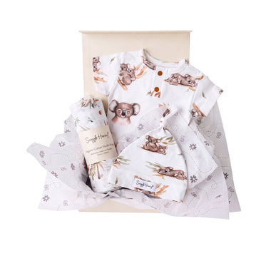 Snuggle Hunny Classic Koala gift hamper in a cream gift box with organic bodysuit, knotted beanie and print muslin wrap