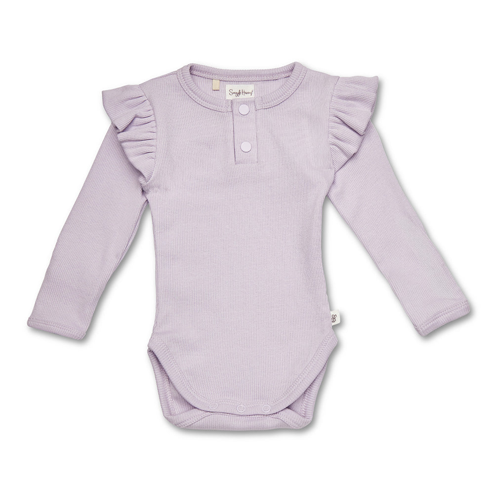 Lavender Rib Long Sleeve Organic Bodysuit with Frill - View 2