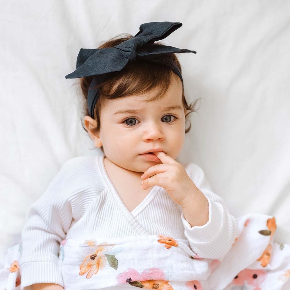 Navy Blue Pre-Tied Linen Bow - Baby & Toddler - View 3