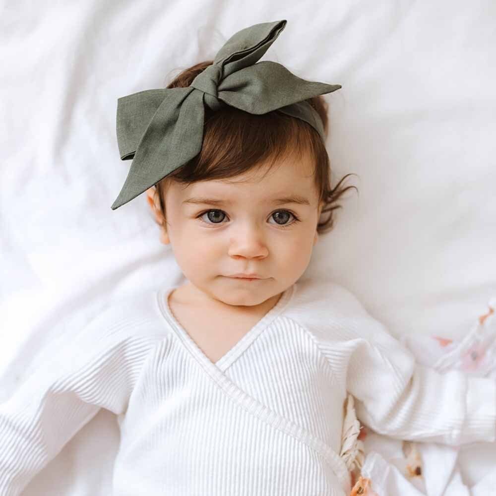 Olive Pre-Tied Linen Bow - Baby & Toddler - View 3