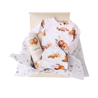 Snuggle Hunny Classic Lion gift hamper in a cream gift box with organic bodysuit, knotted beanie and Lion print muslin wrap