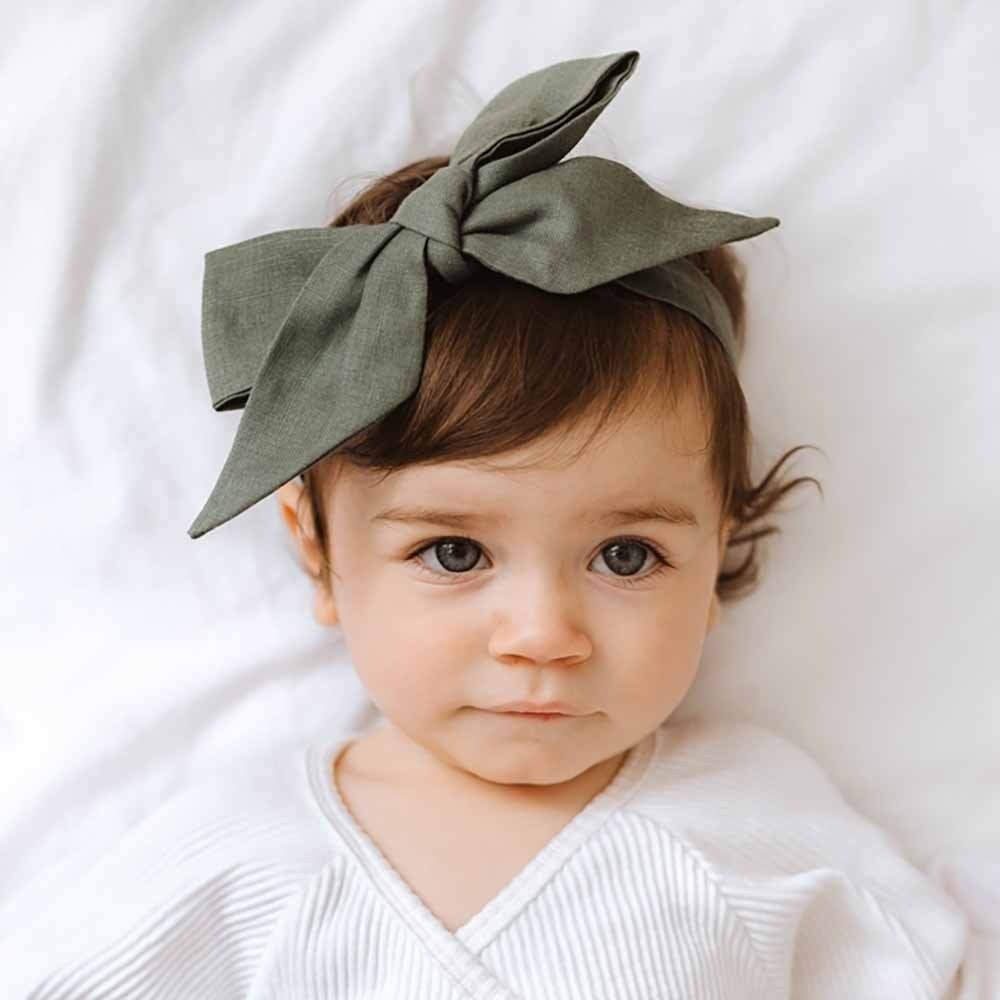 Olive Pre-Tied Linen Bow - Baby & Toddler - View 1