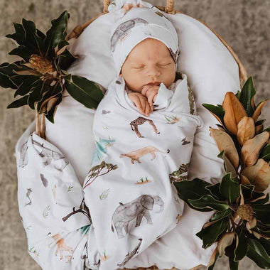Safari Baby Jersey Wrap & Beanie Set-Snuggle Hunny