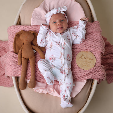 Baby wearing Ballerina Organic Snuggle Sleepsuit Zip Footie with Frill | Snuggle Hunny