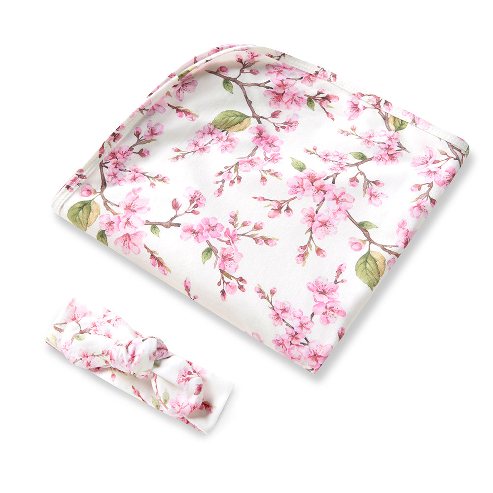 Cherry Blossom Organic Jersey Wrap & Topknot Set - View 2