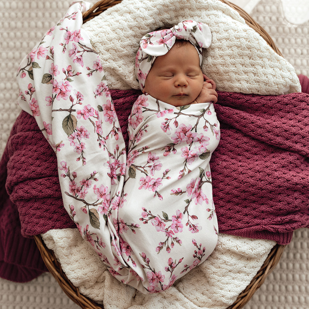 Cherry Blossom Organic Jersey Wrap & Topknot Set - View 1