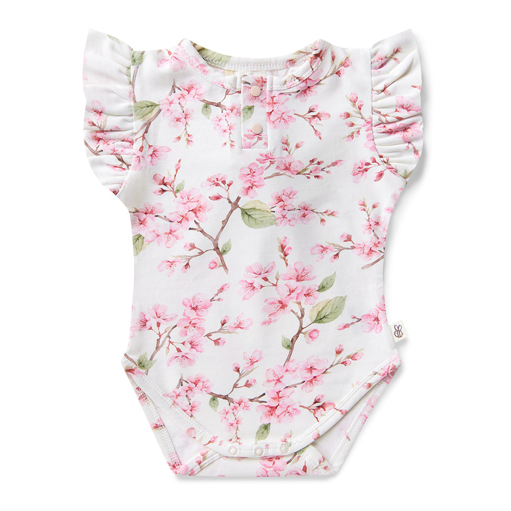 Cherry Blossom Short Sleeve Organic Bodysuit with Frill - View 2
