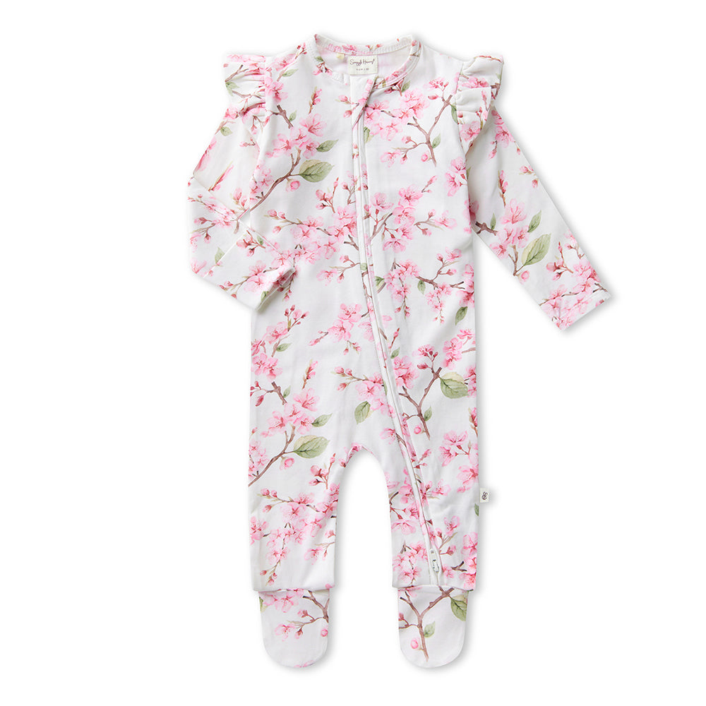 Cherry Blossom Organic Snuggle Sleepsuit Zip Footie with Frill - View 2