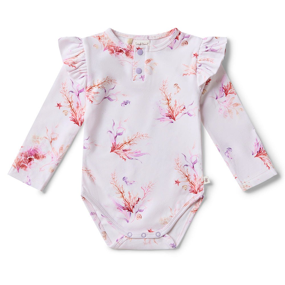 Coral Long Sleeve Organic Bodysuit with Frill - View 2