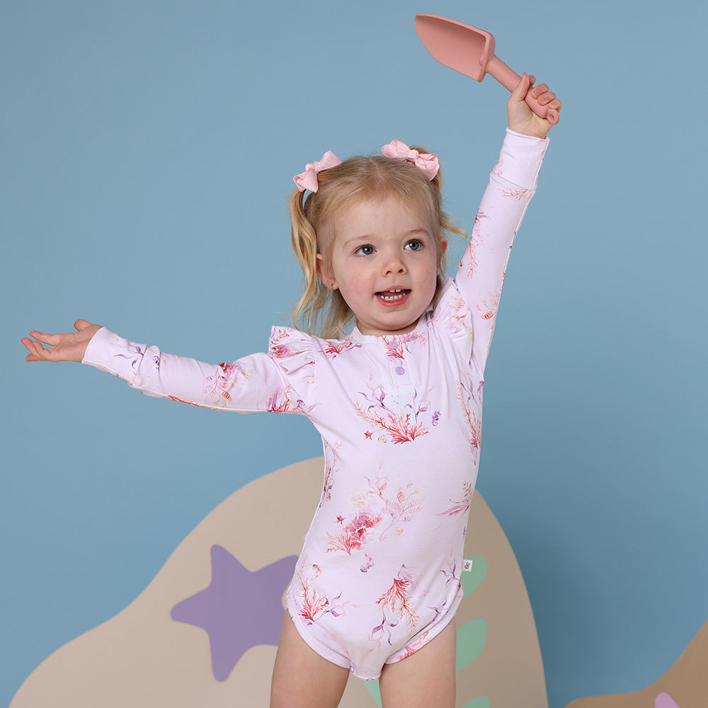Coral Long Sleeve Organic Bodysuit with Frill - View 1