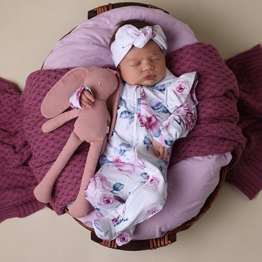 Baby wearing Lilac Skies Organic Snuggle Sleepsuit Zip Footie with Frill | Snuggle Hunny