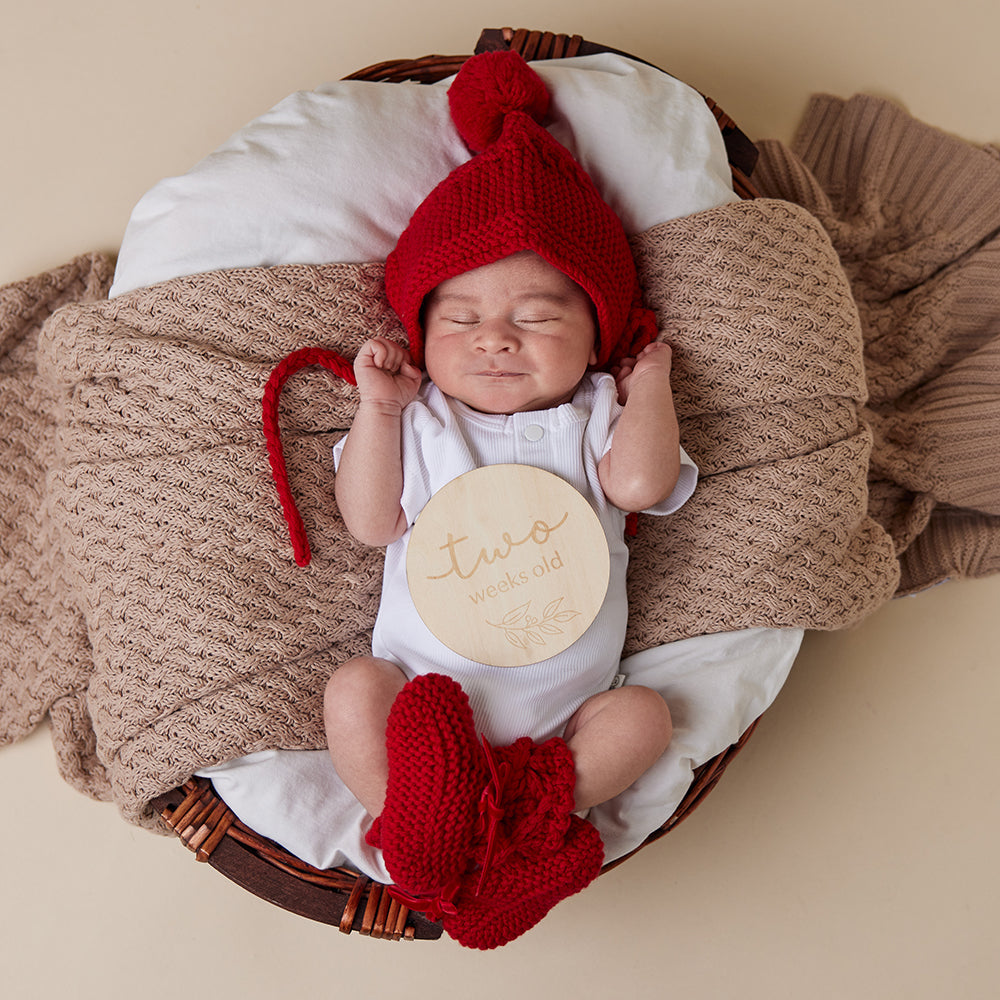 Red Merino Wool Bonnet & Booties - View 1